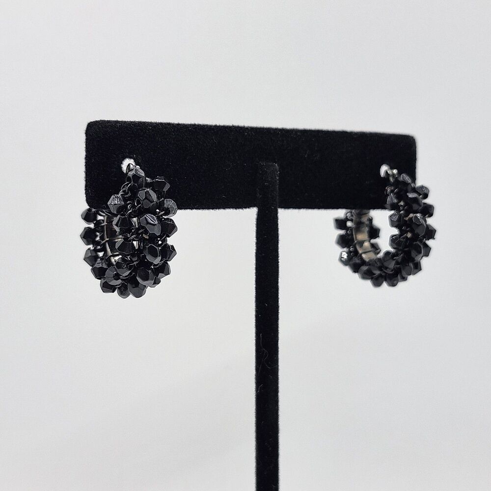 Black Crystal Beaded Wire Wrapped Round Hoop Earrings w/ Latch Back